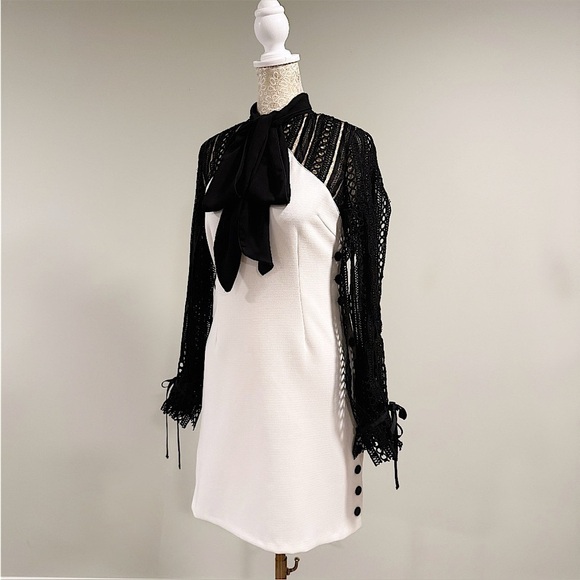 SELF-PORTRAIT Black & White Monochrome Crepe Bow Longsleeve Mini Dress Size 4 - Picture 9 of 16